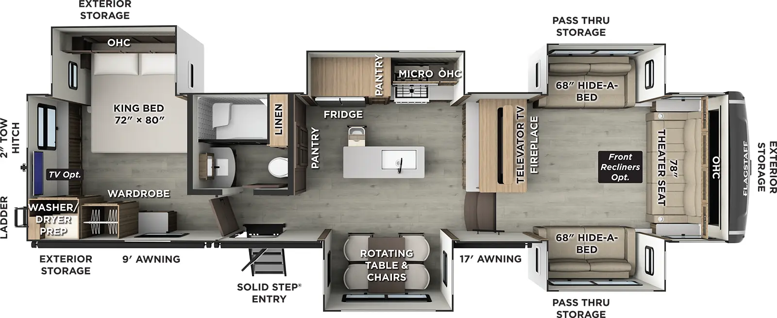 The Flagstaff Classic Fifth Wheels 402CFL floorplan has one entry and five slide outs. Exterior features include: fiberglass exterior and 9' & 17' awning. Interiors features include: rear bedroom and front living.